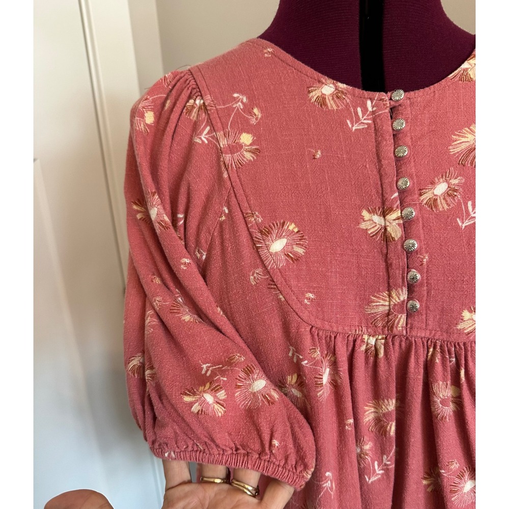 Wonderly Womens Coral Floral Linen Blend Puff Sleeve Button Front Blouse Medium - Picture 3 of 9